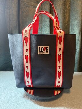 Brighton Navy Tote with Red Heart Strap Accents 12 x 12
